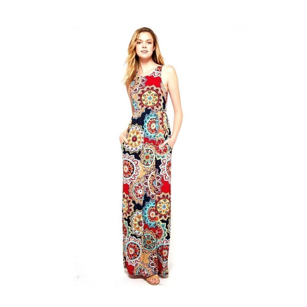 Bohemian Racer-Back Tank Multi-color Navy Red Flower Medallion Maxi Dress XL - Picture 8 of 12